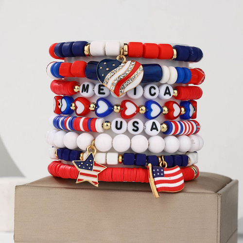 8 Pieces Independence Day Soft Ceramic Zinc Alloy American Flag Heart Handmade Beaded Elastic Adjustable Fashion Bracelet Set