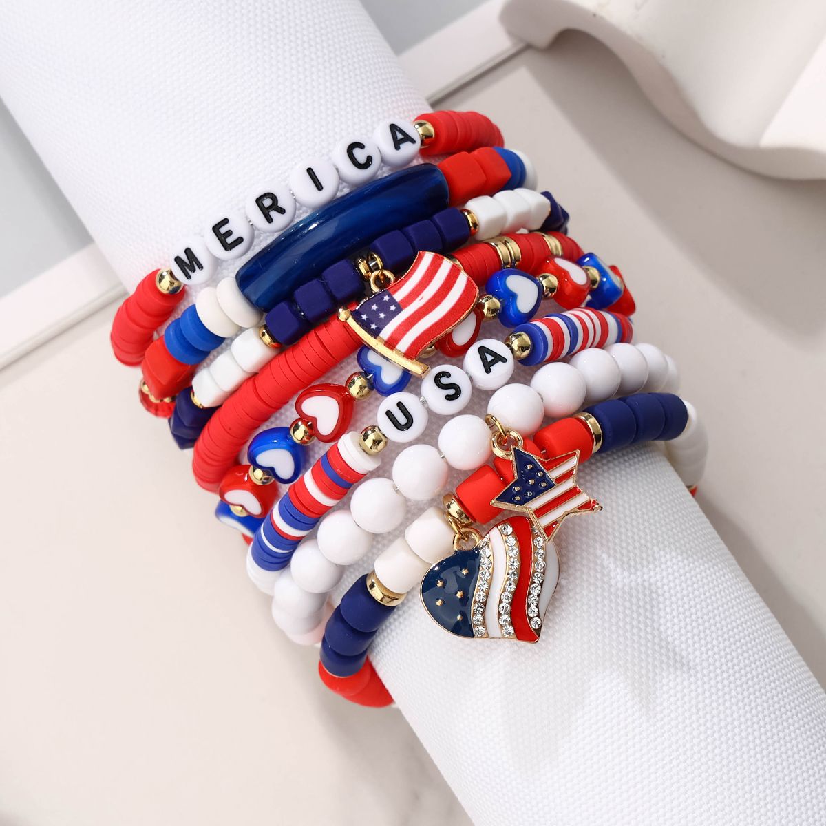 8 Pieces Independence Day Soft Ceramic Zinc Alloy American Flag Heart Handmade Beaded Elastic Adjustable Fashion Bracelet Set