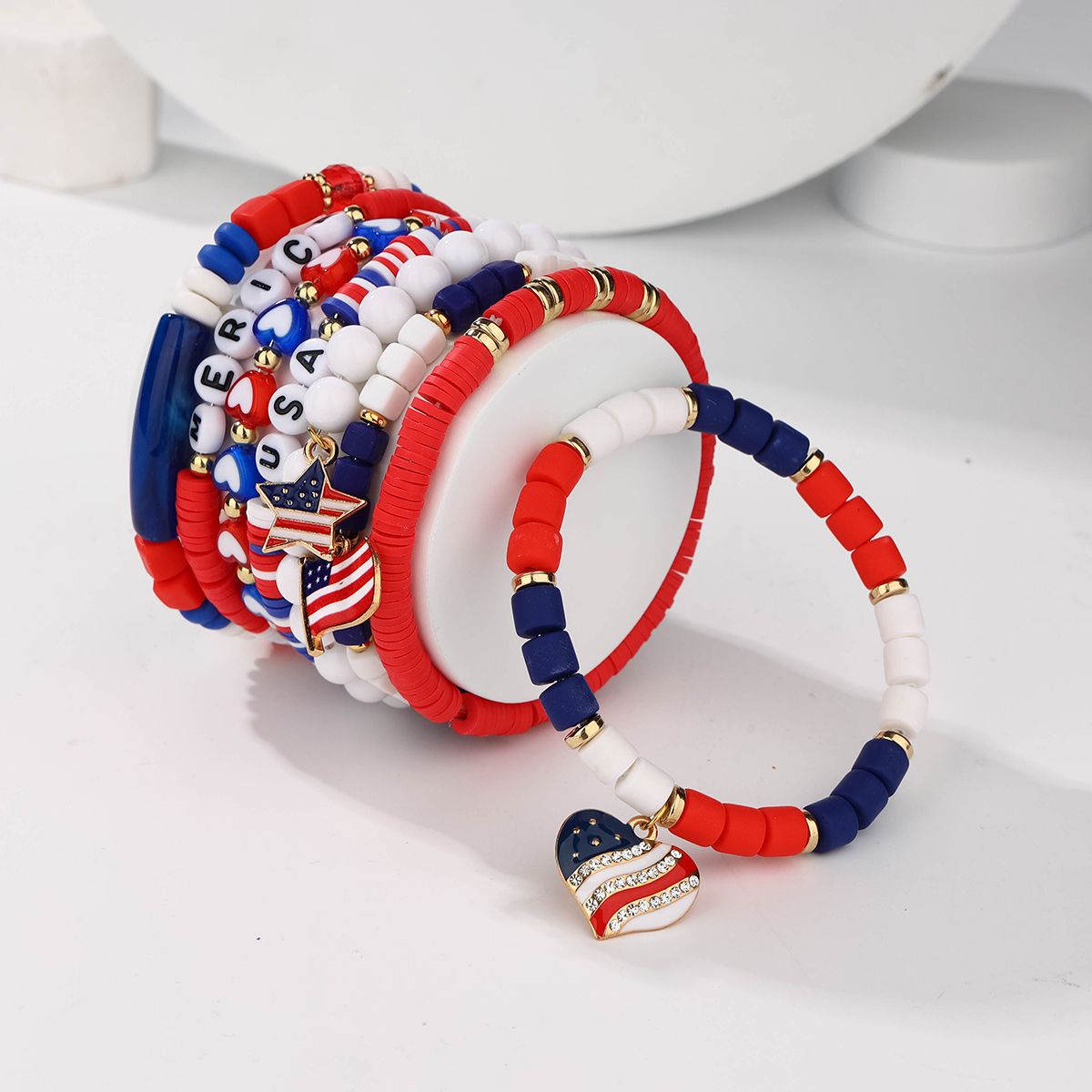 8 Pieces Independence Day Soft Ceramic Zinc Alloy American Flag Heart Handmade Beaded Elastic Adjustable Fashion Bracelet Set