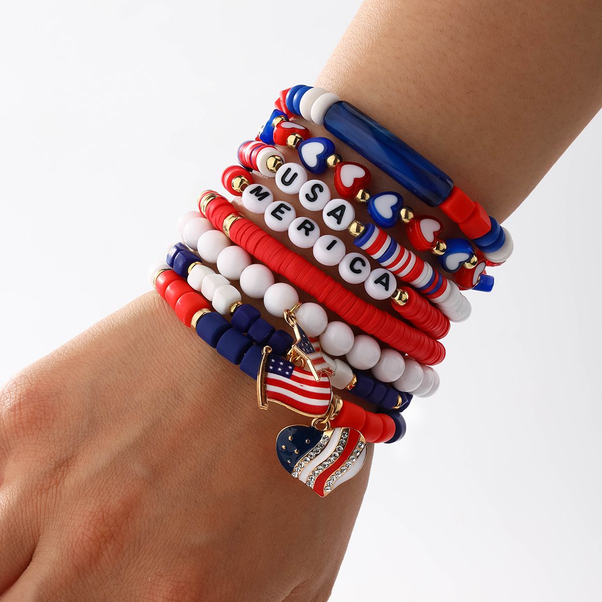 8 Pieces Independence Day Soft Ceramic Zinc Alloy American Flag Heart Handmade Beaded Elastic Adjustable Fashion Bracelet Set