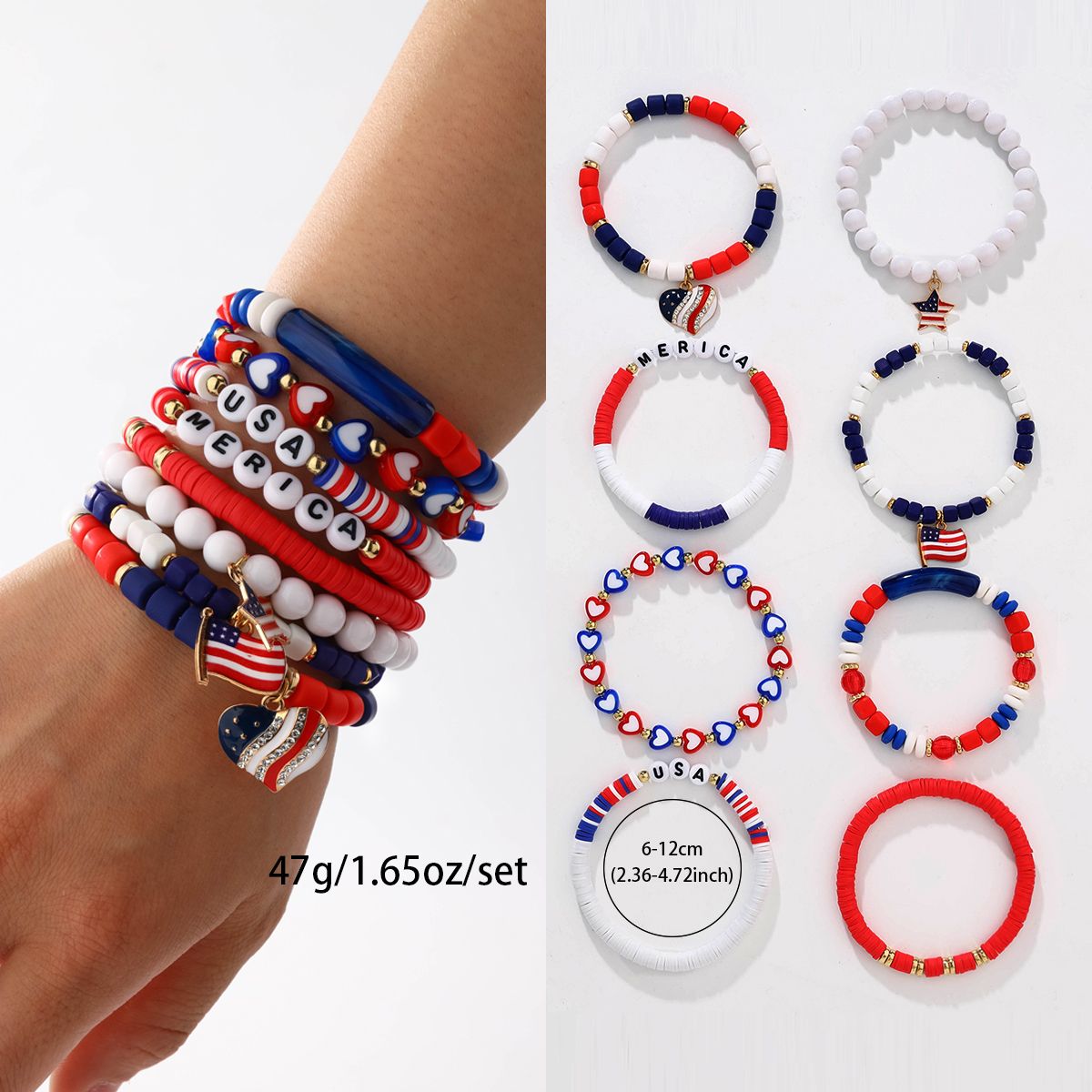 8 Pieces Independence Day Soft Ceramic Zinc Alloy American Flag Heart Handmade Beaded Elastic Adjustable Fashion Bracelet Set