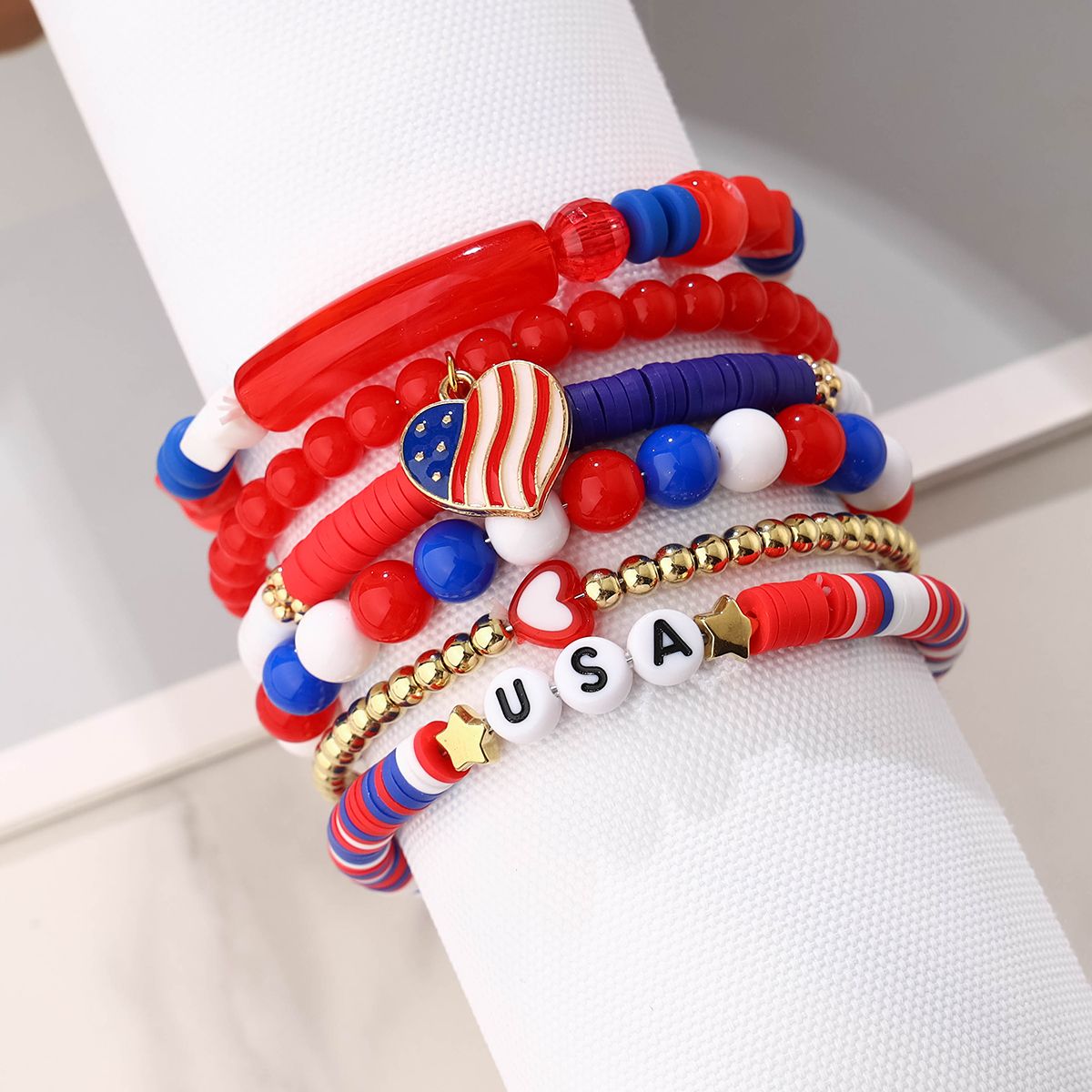 6 pieces independent day soft ceramic zinc alloy heart-shaped letter handmade bead elastic adjustable fashion bracelet set