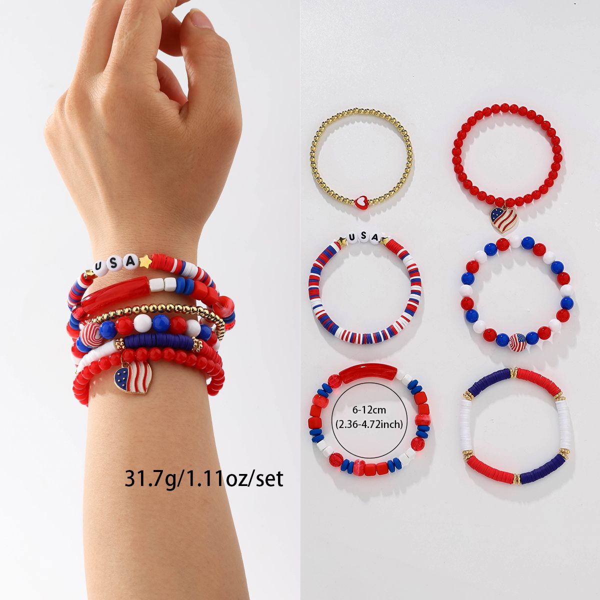 6 pieces independent day soft ceramic zinc alloy heart-shaped letter handmade bead elastic adjustable fashion bracelet set