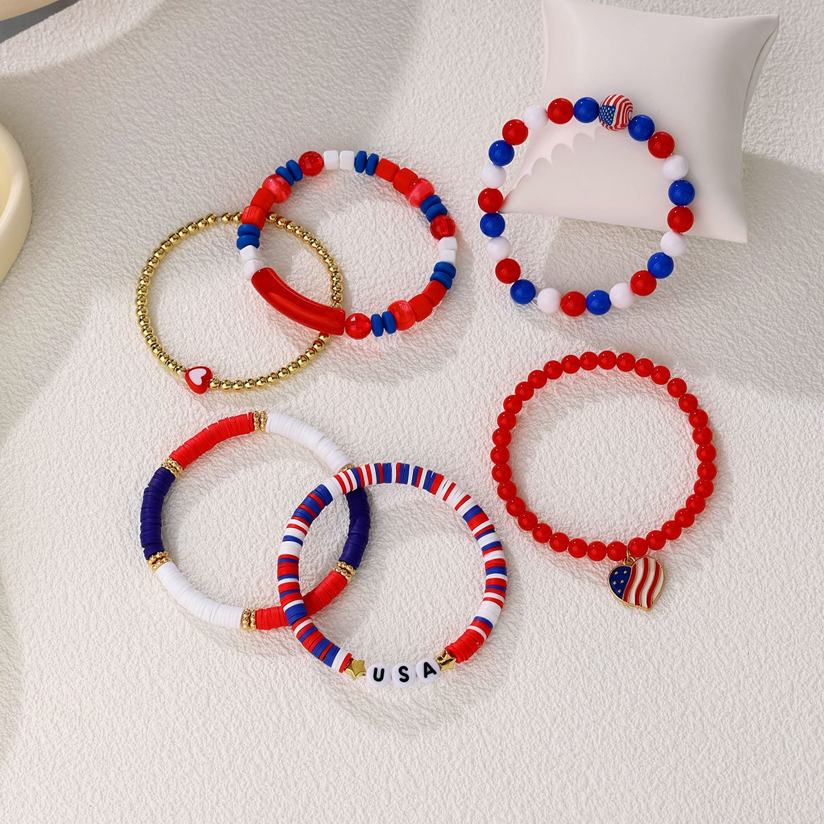 6 pieces independent day soft ceramic zinc alloy heart-shaped letter handmade bead elastic adjustable fashion bracelet set