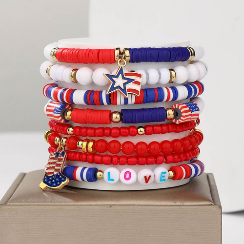 8 pieces Independence Day Soft Ceramic Zinc Alloy Boots Pentagram Handmade Beaded Elastic Adjustable Fashion Bracelet Set