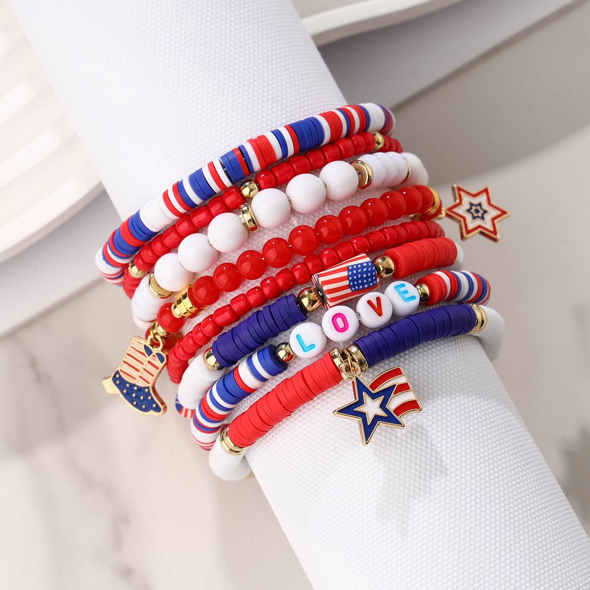 8 pieces Independence Day Soft Ceramic Zinc Alloy Boots Pentagram Handmade Beaded Elastic Adjustable Fashion Bracelet Set