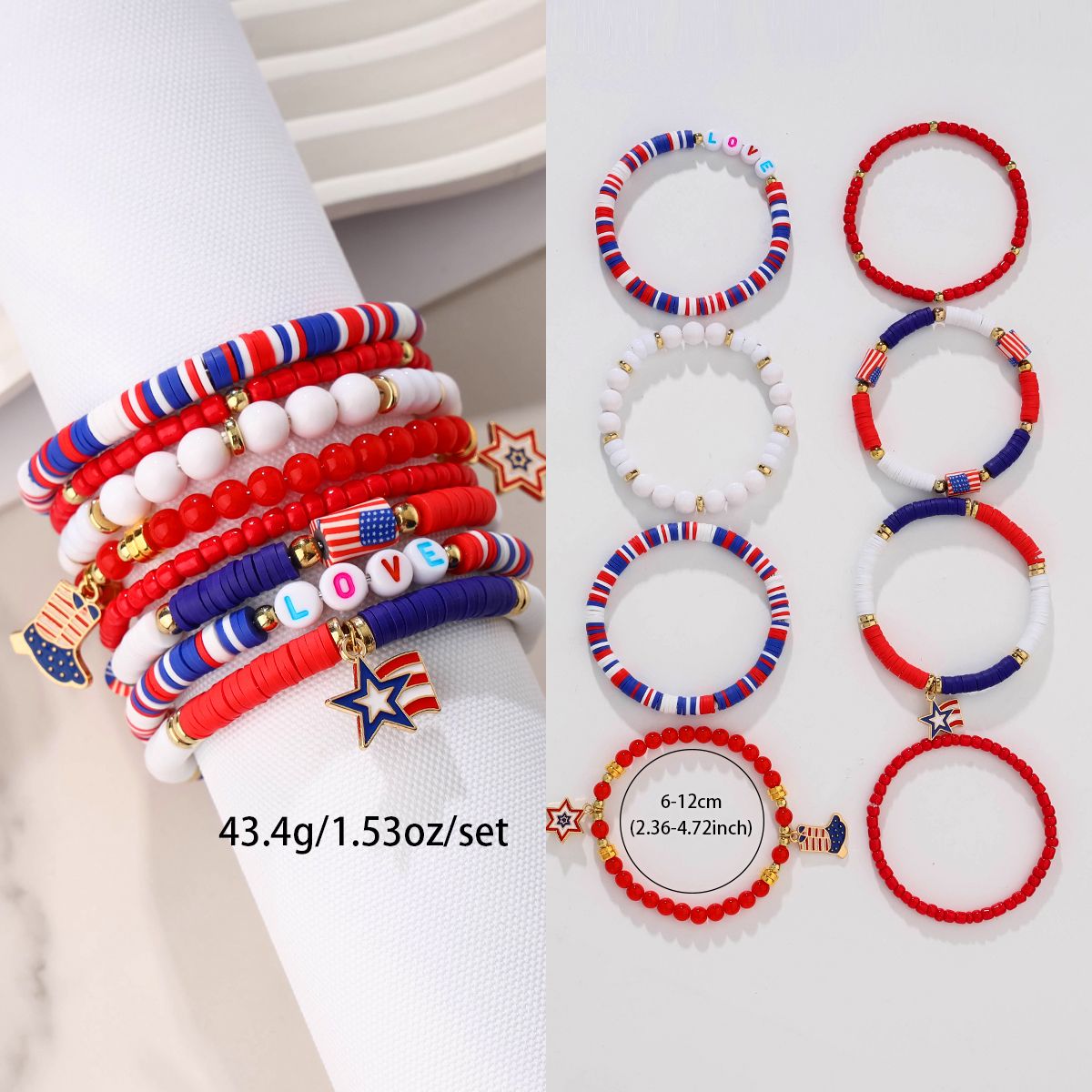 8 pieces Independence Day Soft Ceramic Zinc Alloy Boots Pentagram Handmade Beaded Elastic Adjustable Fashion Bracelet Set