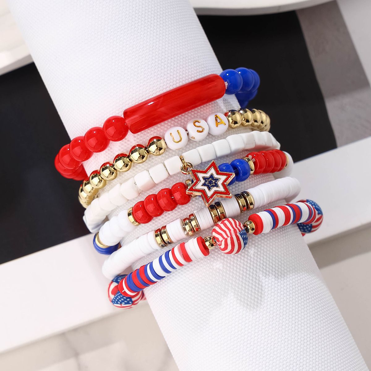 6 pieces Independence Day Soft Ceramic Zinc Alloy Hexagonal Letters Handmade Beaded Elastic Adjustable Fashion Bracelet Set