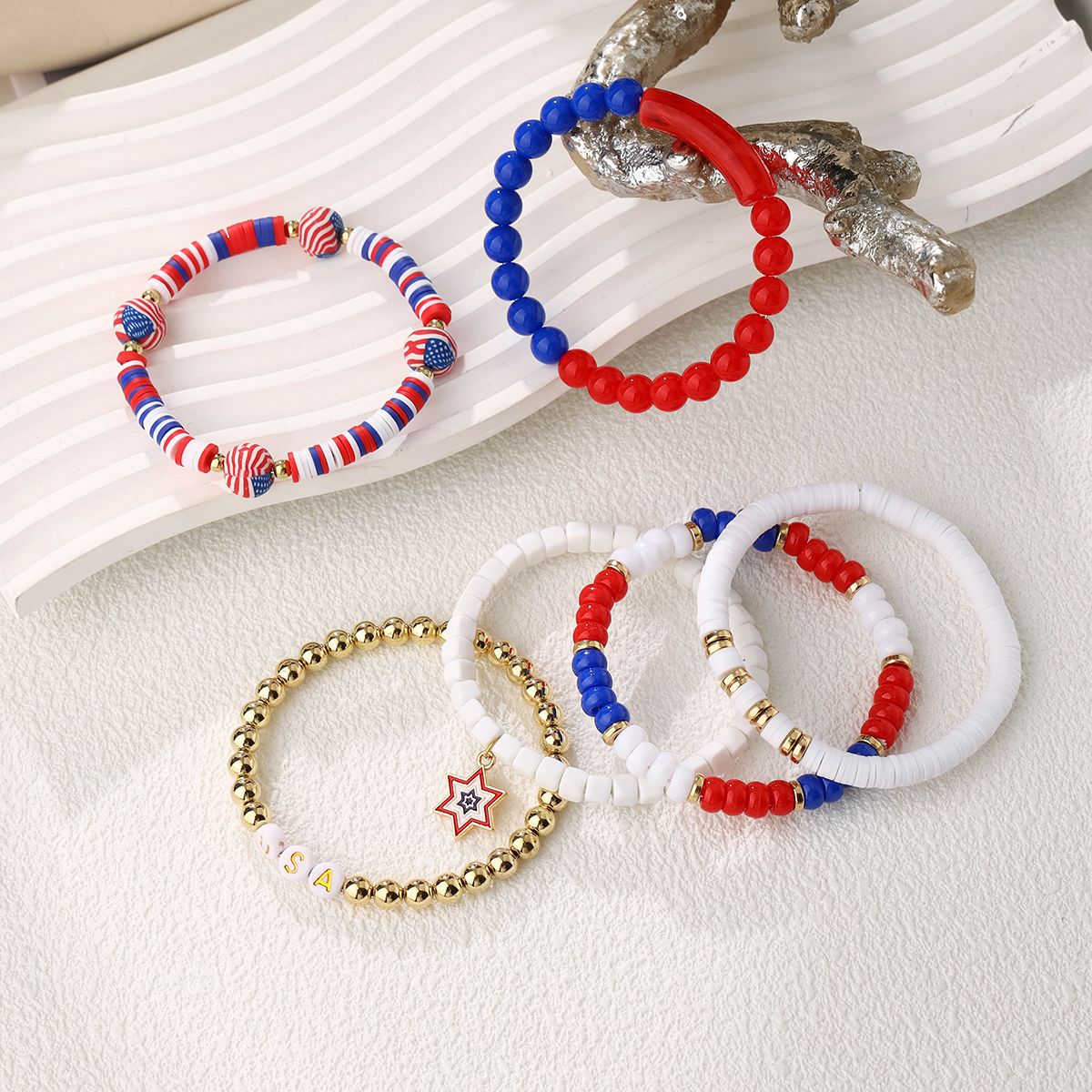 6 pieces Independence Day Soft Ceramic Zinc Alloy Hexagonal Letters Handmade Beaded Elastic Adjustable Fashion Bracelet Set