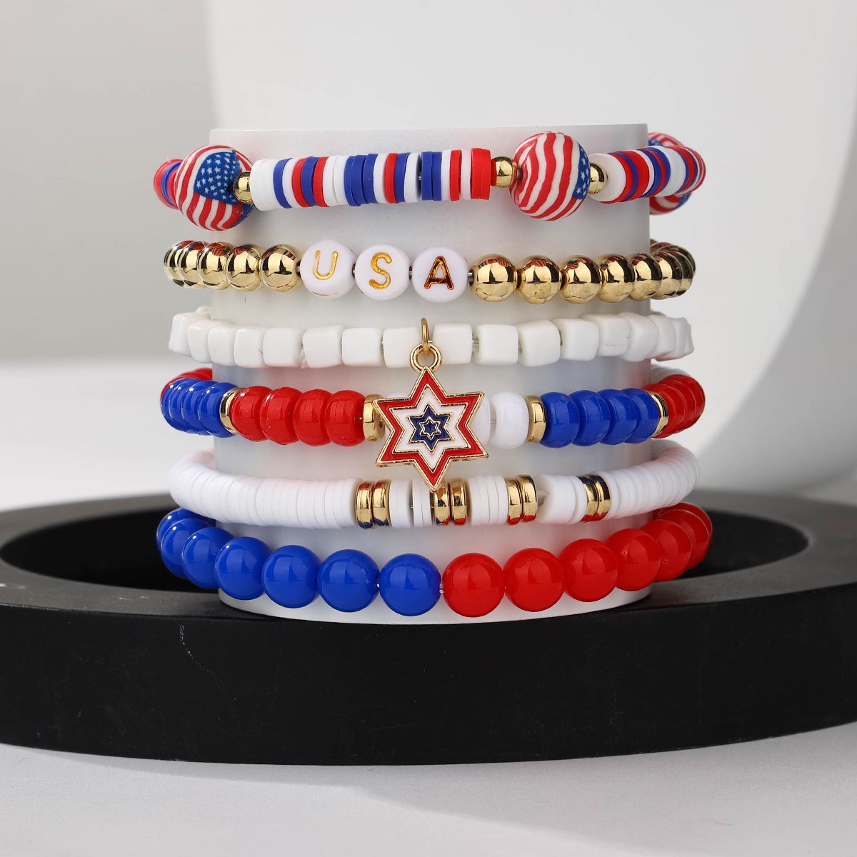 6 pieces Independence Day Soft Ceramic Zinc Alloy Hexagonal Letters Handmade Beaded Elastic Adjustable Fashion Bracelet Set