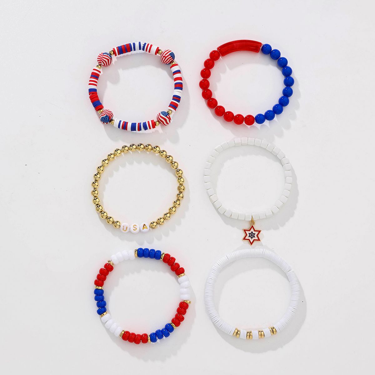 6 pieces Independence Day Soft Ceramic Zinc Alloy Hexagonal Letters Handmade Beaded Elastic Adjustable Fashion Bracelet Set