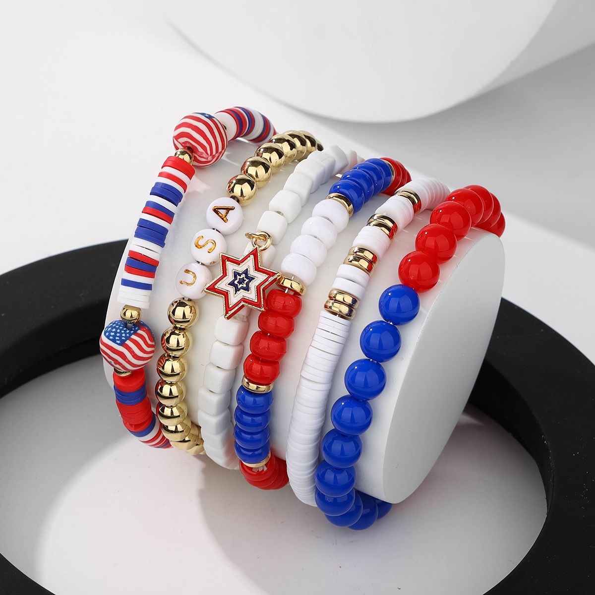 6 pieces Independence Day Soft Ceramic Zinc Alloy Hexagonal Letters Handmade Beaded Elastic Adjustable Fashion Bracelet Set