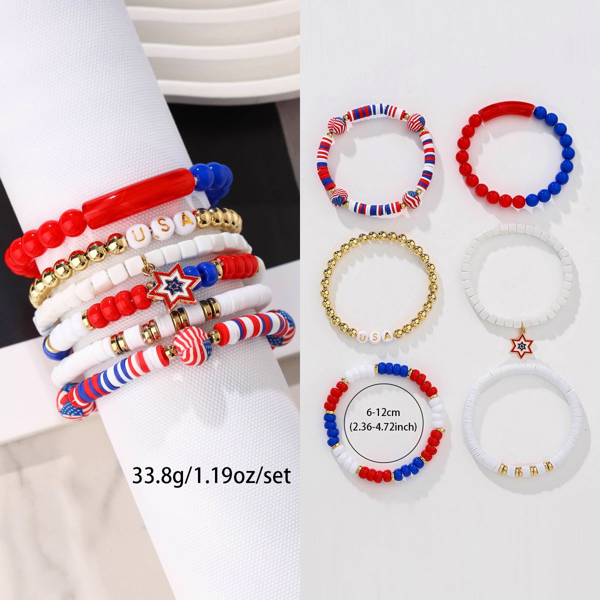 6 pieces Independence Day Soft Ceramic Zinc Alloy Hexagonal Letters Handmade Beaded Elastic Adjustable Fashion Bracelet Set