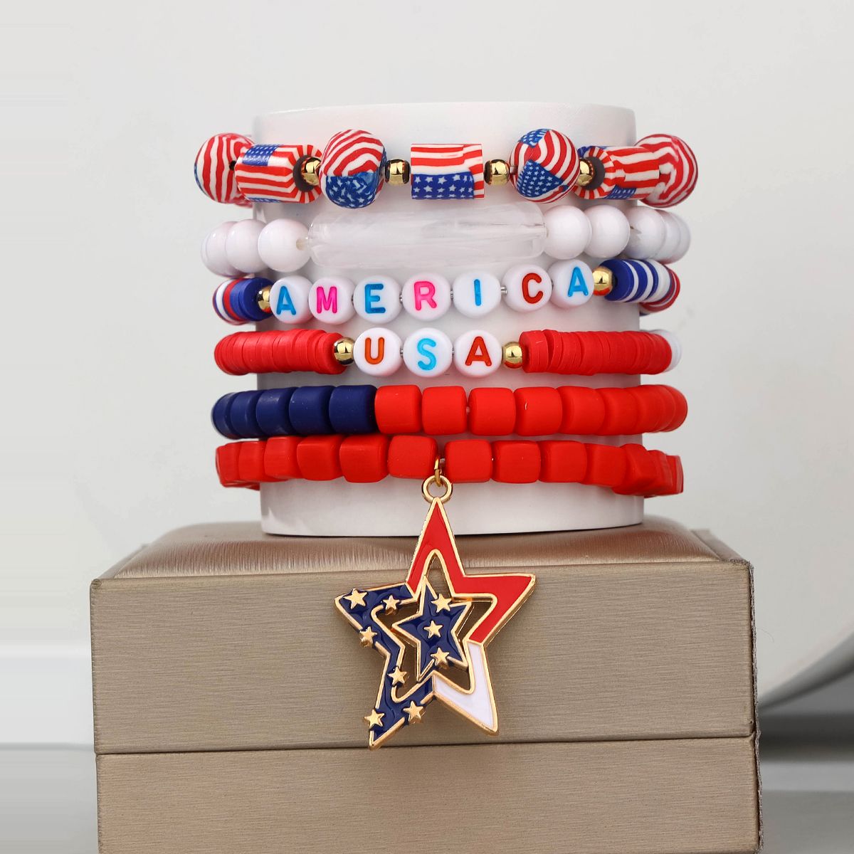 6 pieces Independence Day Soft Ceramic Zinc Alloy Pentagram Handmade Beaded Elastic Adjustable Fashion Bracelet Set