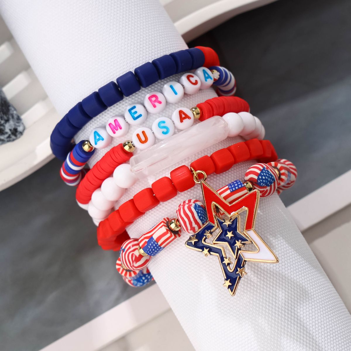 6 pieces Independence Day Soft Ceramic Zinc Alloy Pentagram Handmade Beaded Elastic Adjustable Fashion Bracelet Set