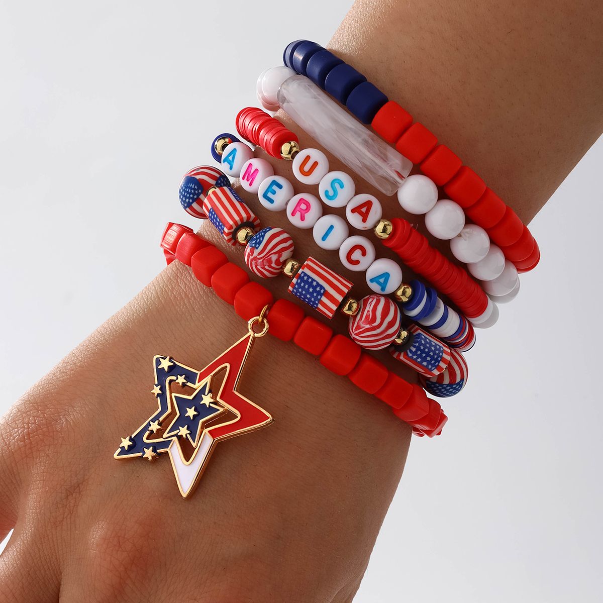 6 pieces Independence Day Soft Ceramic Zinc Alloy Pentagram Handmade Beaded Elastic Adjustable Fashion Bracelet Set