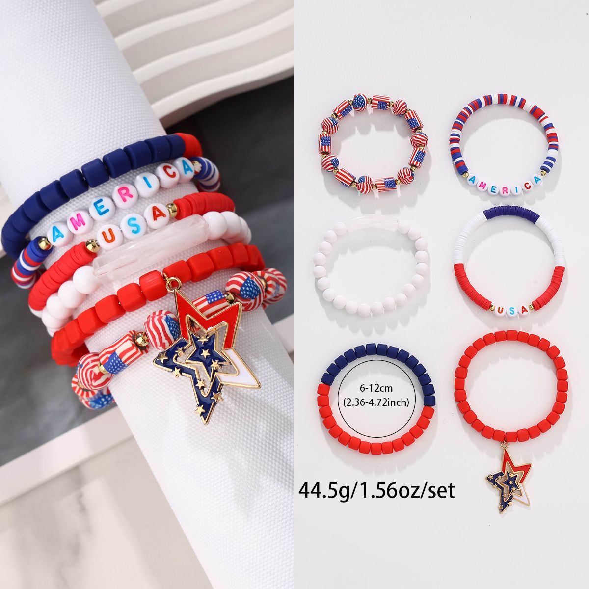 6 pieces Independence Day Soft Ceramic Zinc Alloy Pentagram Handmade Beaded Elastic Adjustable Fashion Bracelet Set