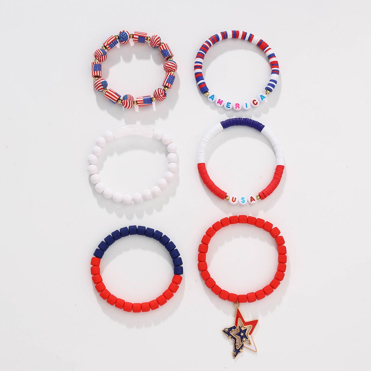 6 pieces Independence Day Soft Ceramic Zinc Alloy Pentagram Handmade Beaded Elastic Adjustable Fashion Bracelet Set