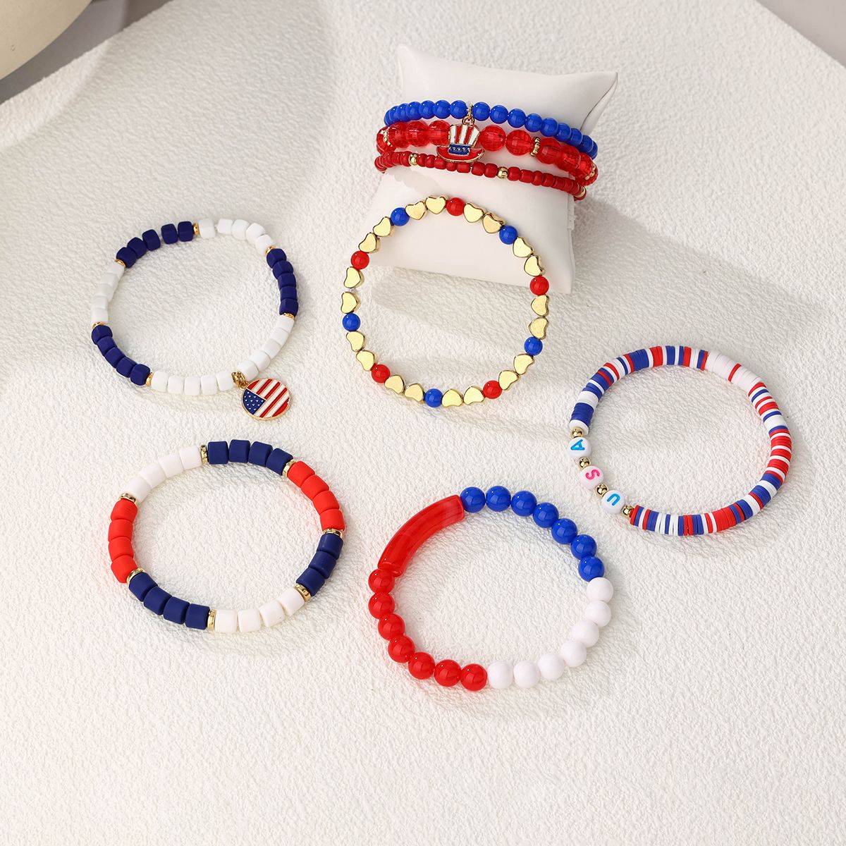 8 Pieces Independence Day Soft Ceramic Zinc Alloy Round Flag Hat Handmade Beaded Elastic Adjustable Fashion Bracelet Set