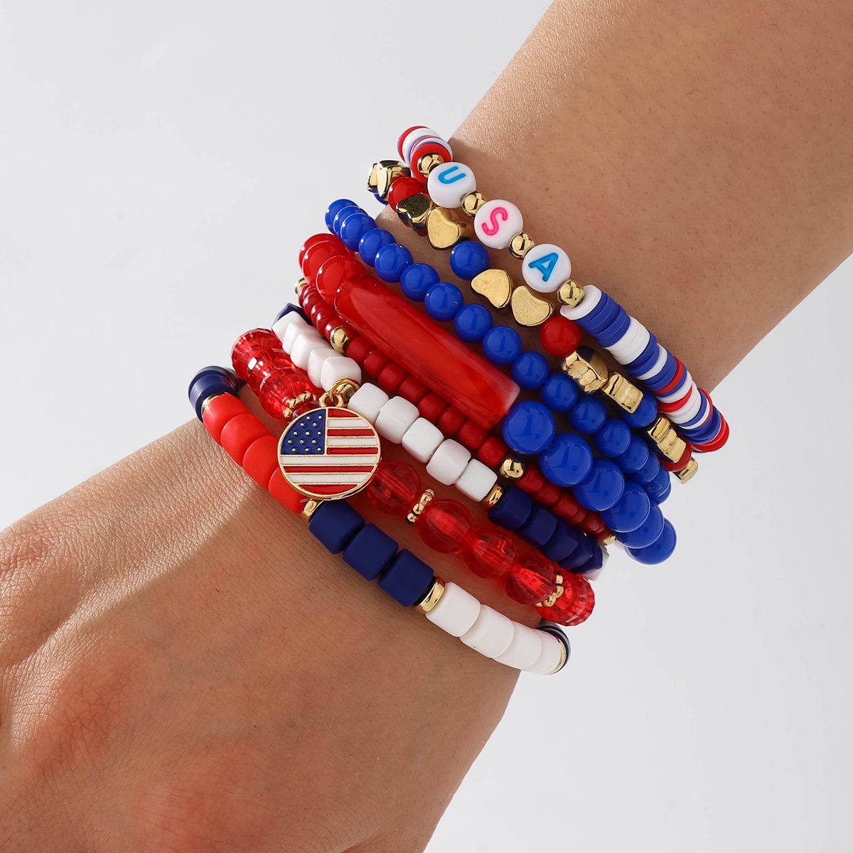 8 Pieces Independence Day Soft Ceramic Zinc Alloy Round Flag Hat Handmade Beaded Elastic Adjustable Fashion Bracelet Set