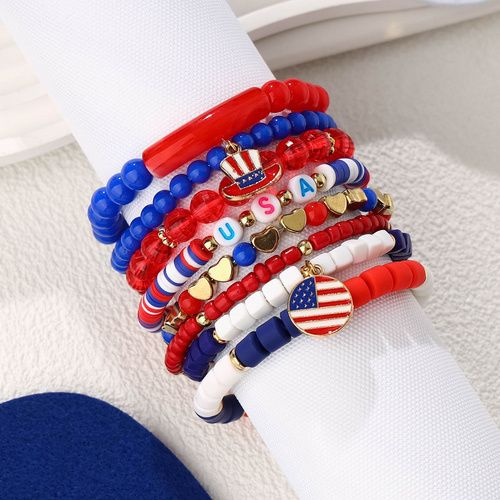 8 Pieces Independence Day Soft Ceramic Zinc Alloy Round Flag Hat Handmade Beaded Elastic Adjustable Fashion Bracelet Set