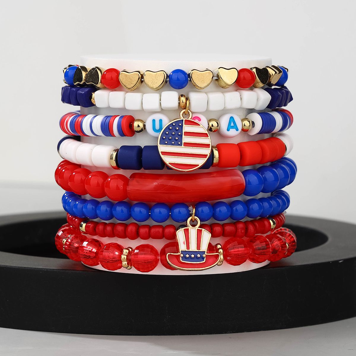 8 Pieces Independence Day Soft Ceramic Zinc Alloy Round Flag Hat Handmade Beaded Elastic Adjustable Fashion Bracelet Set