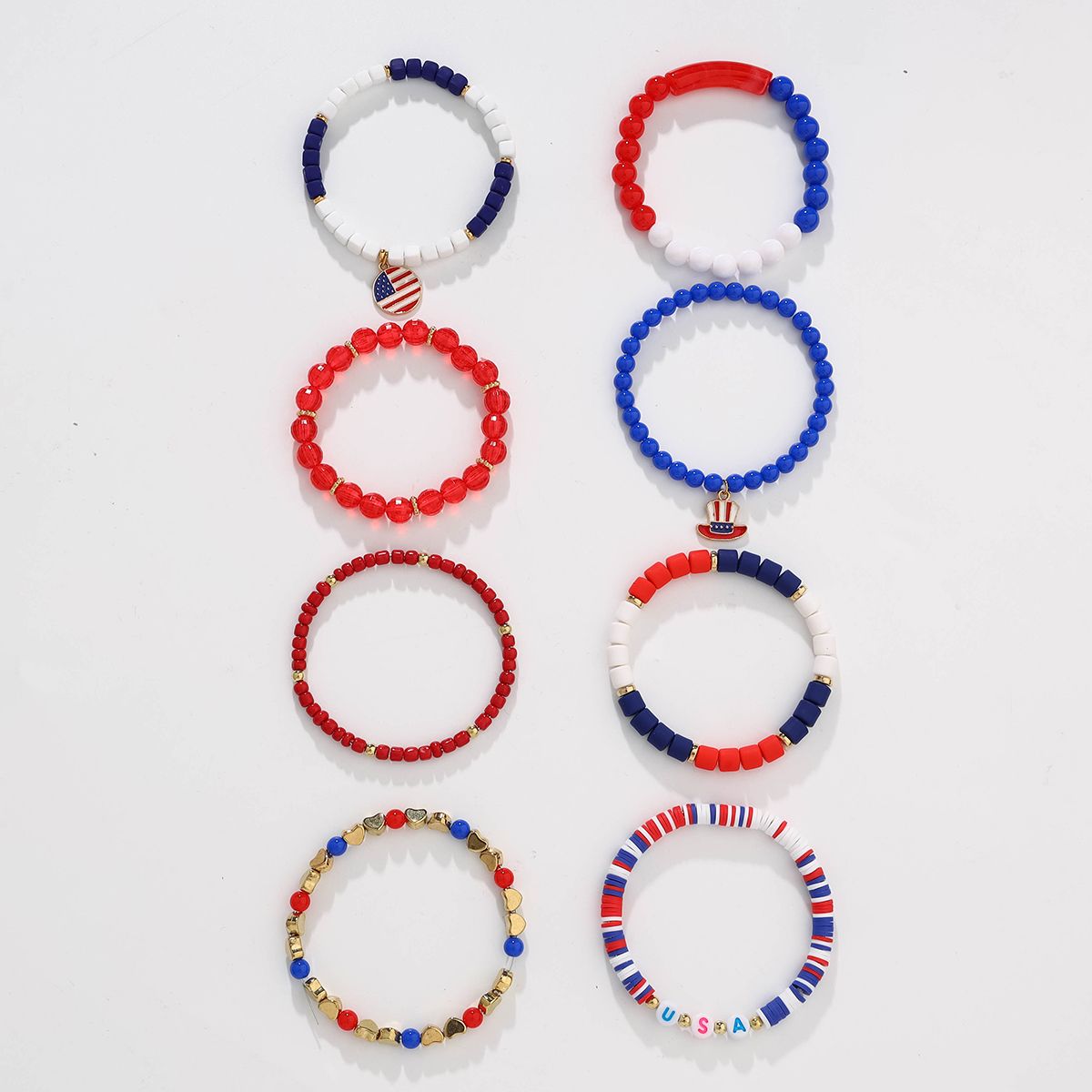 8 Pieces Independence Day Soft Ceramic Zinc Alloy Round Flag Hat Handmade Beaded Elastic Adjustable Fashion Bracelet Set