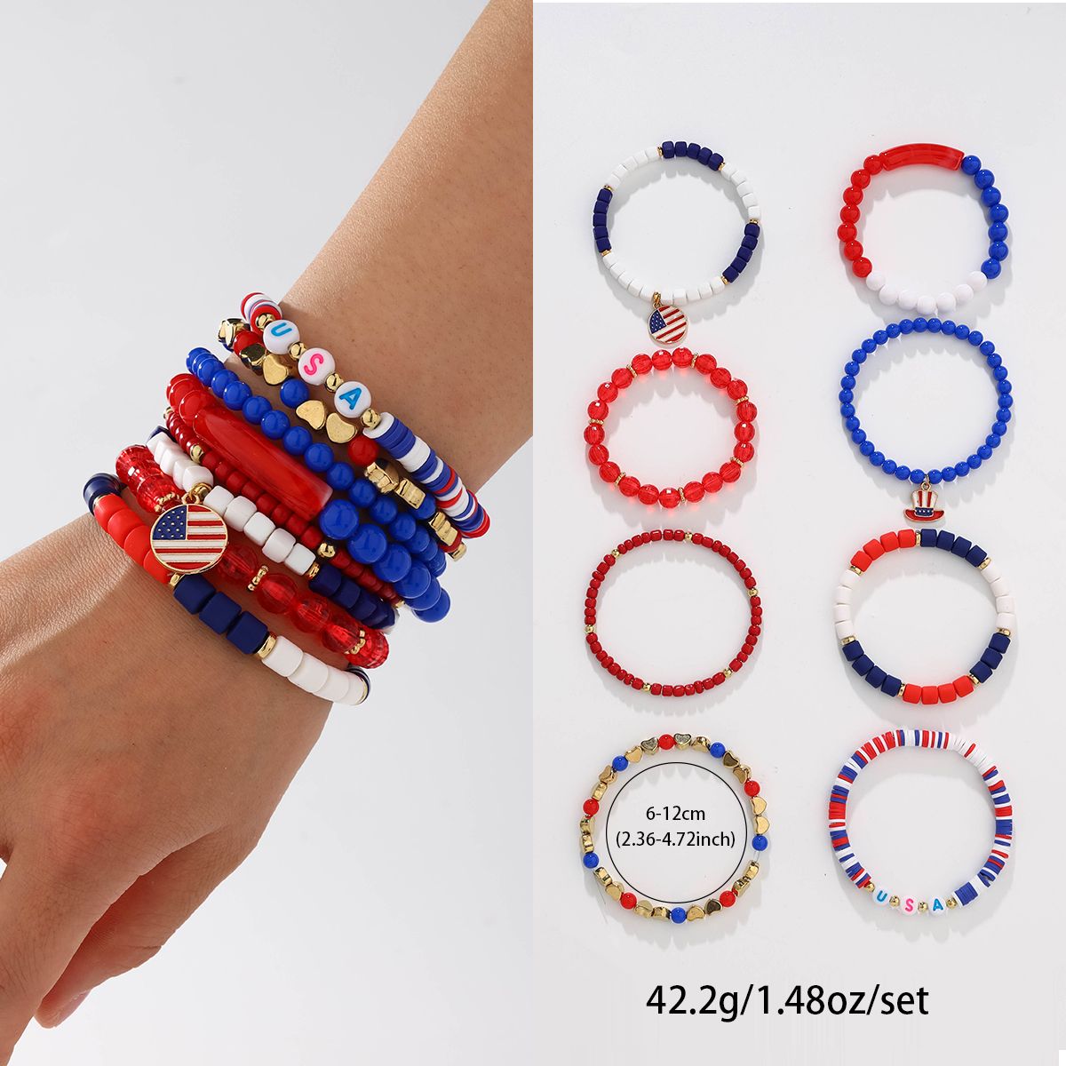 8 Pieces Independence Day Soft Ceramic Zinc Alloy Round Flag Hat Handmade Beaded Elastic Adjustable Fashion Bracelet Set