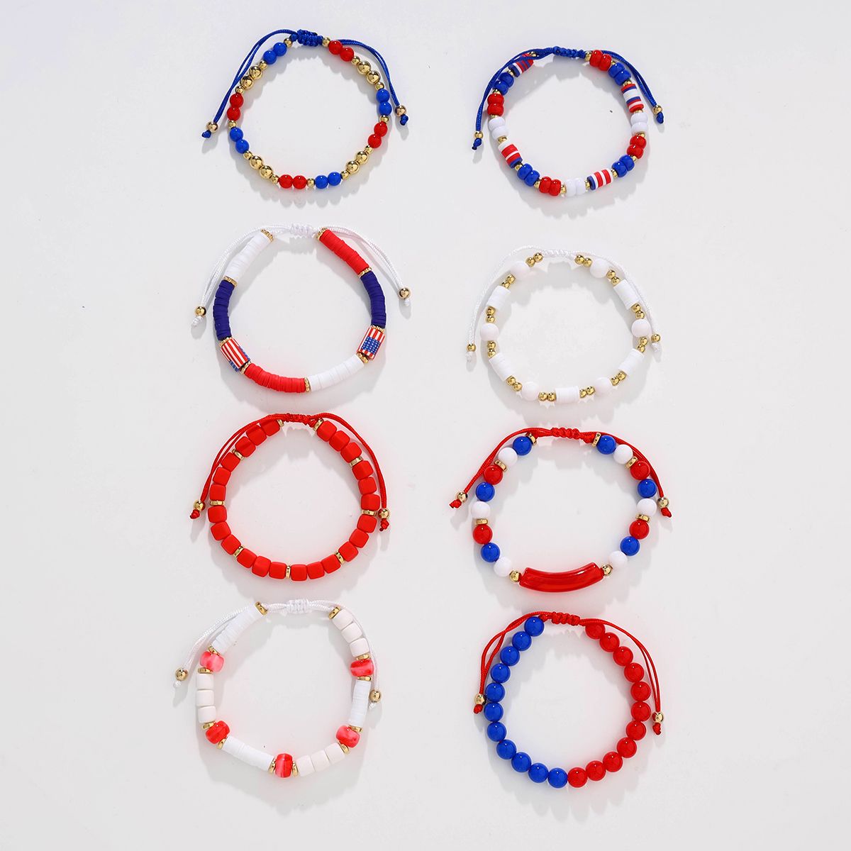 8 Pieces Independence Day Soft Ceramic Zinc Alloy American Flag Handmade Beaded Elastic Adjustable Fashion Bracelet Set