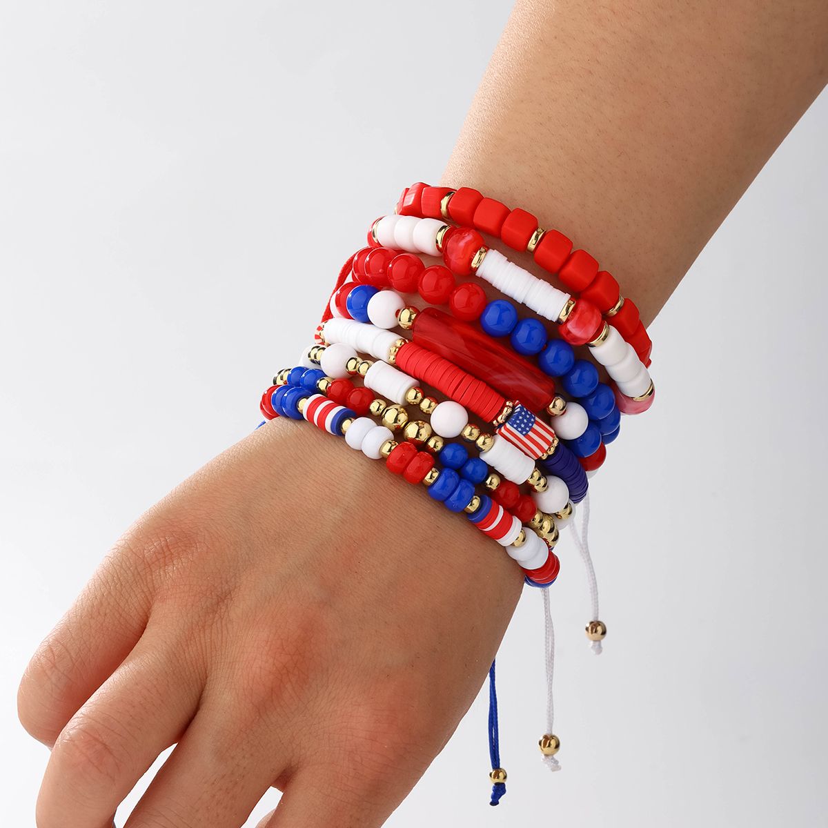 8 Pieces Independence Day Soft Ceramic Zinc Alloy American Flag Handmade Beaded Elastic Adjustable Fashion Bracelet Set