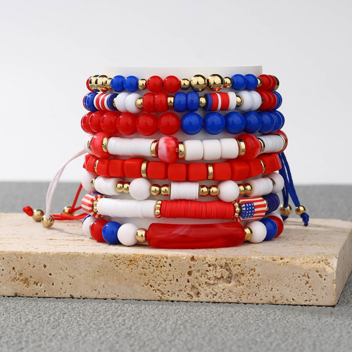 8 Pieces Independence Day Soft Ceramic Zinc Alloy American Flag Handmade Beaded Elastic Adjustable Fashion Bracelet Set