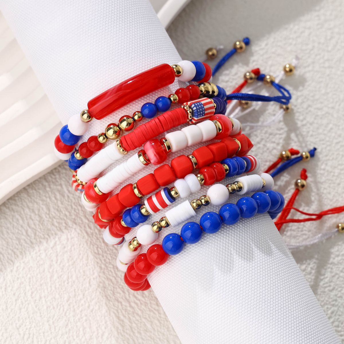 8 Pieces Independence Day Soft Ceramic Zinc Alloy American Flag Handmade Beaded Elastic Adjustable Fashion Bracelet Set