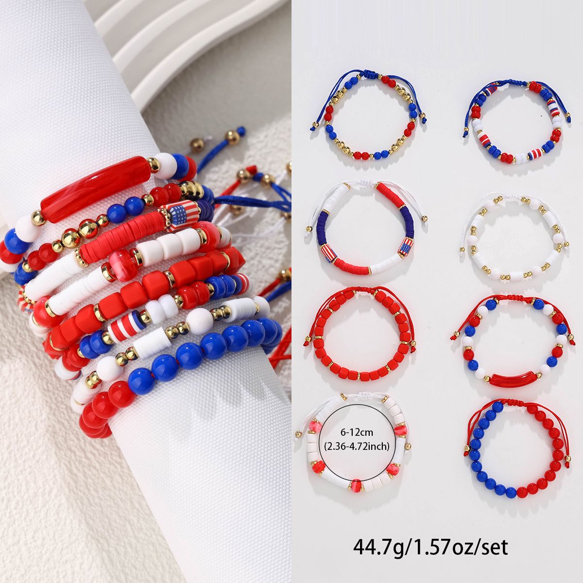 8 Pieces Independence Day Soft Ceramic Zinc Alloy American Flag Handmade Beaded Elastic Adjustable Fashion Bracelet Set