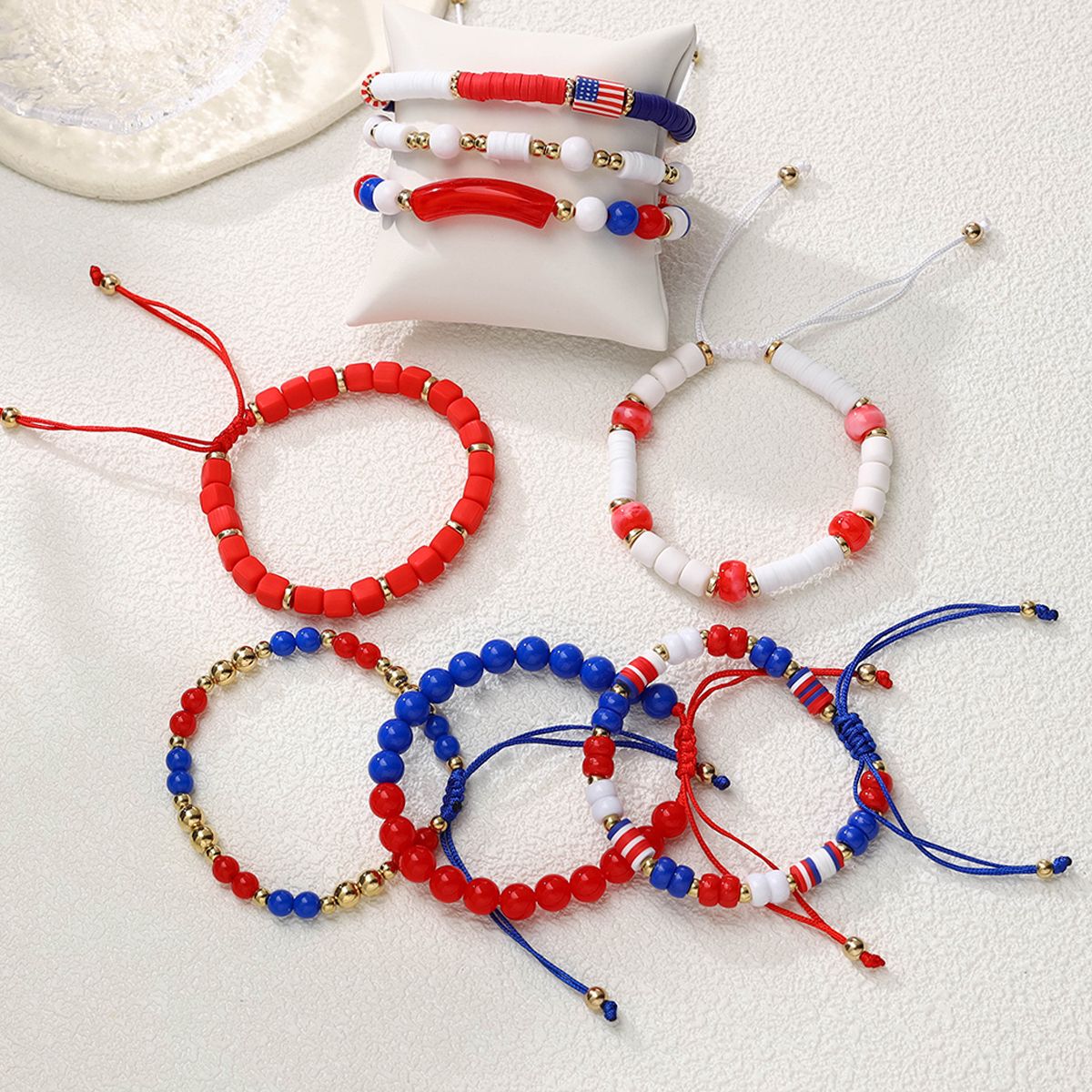 8 Pieces Independence Day Soft Ceramic Zinc Alloy American Flag Handmade Beaded Elastic Adjustable Fashion Bracelet Set