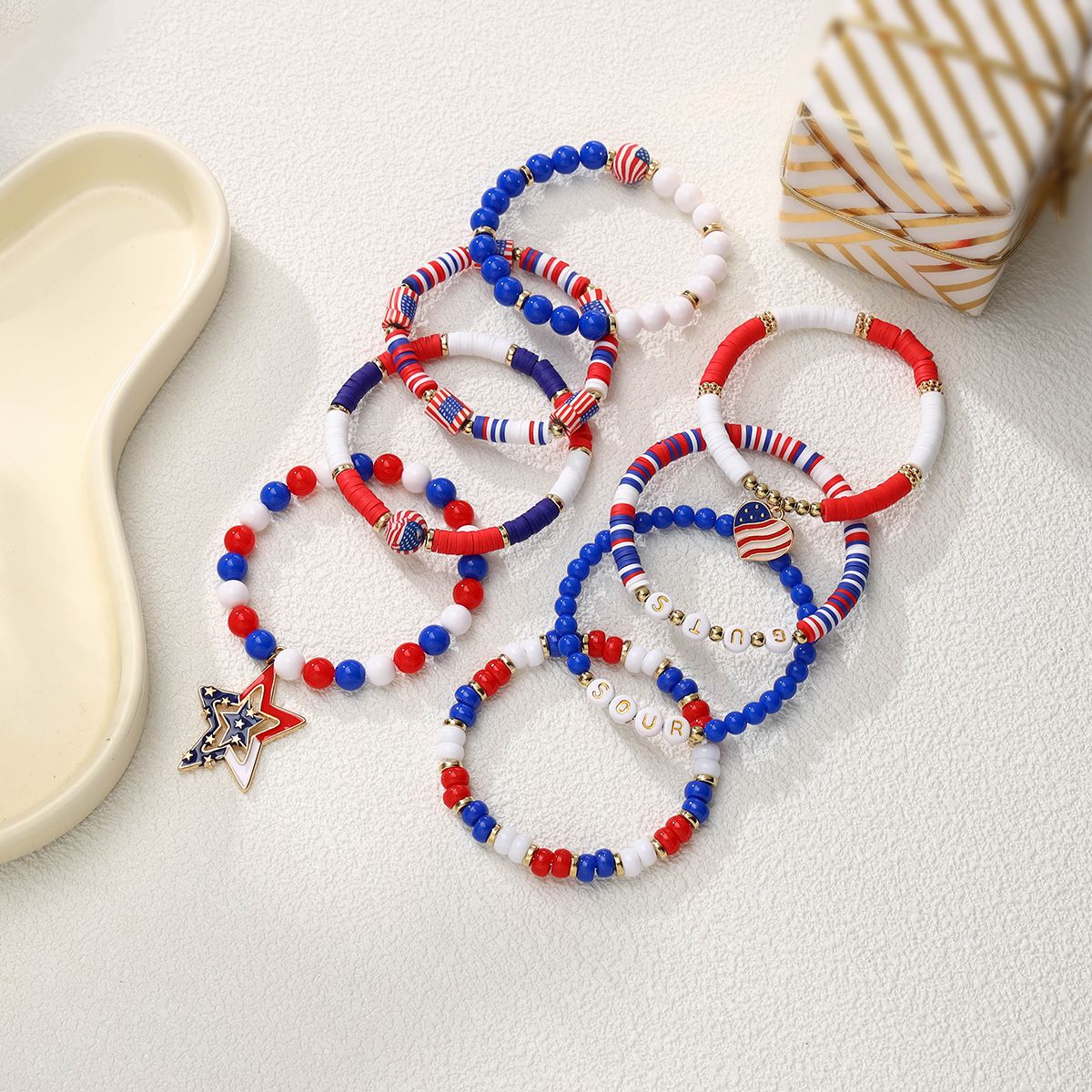 8 pieces independent day soft ceramic zinc alloy heart pentagram letter handmade bead elastic adjustable fashion bracelet set