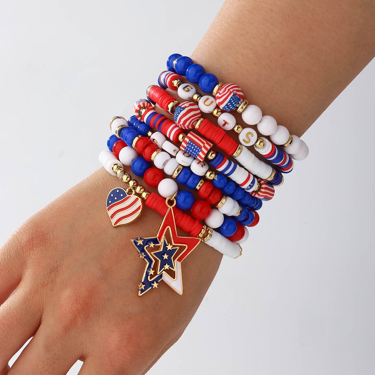 8 pieces independent day soft ceramic zinc alloy heart pentagram letter handmade bead elastic adjustable fashion bracelet set