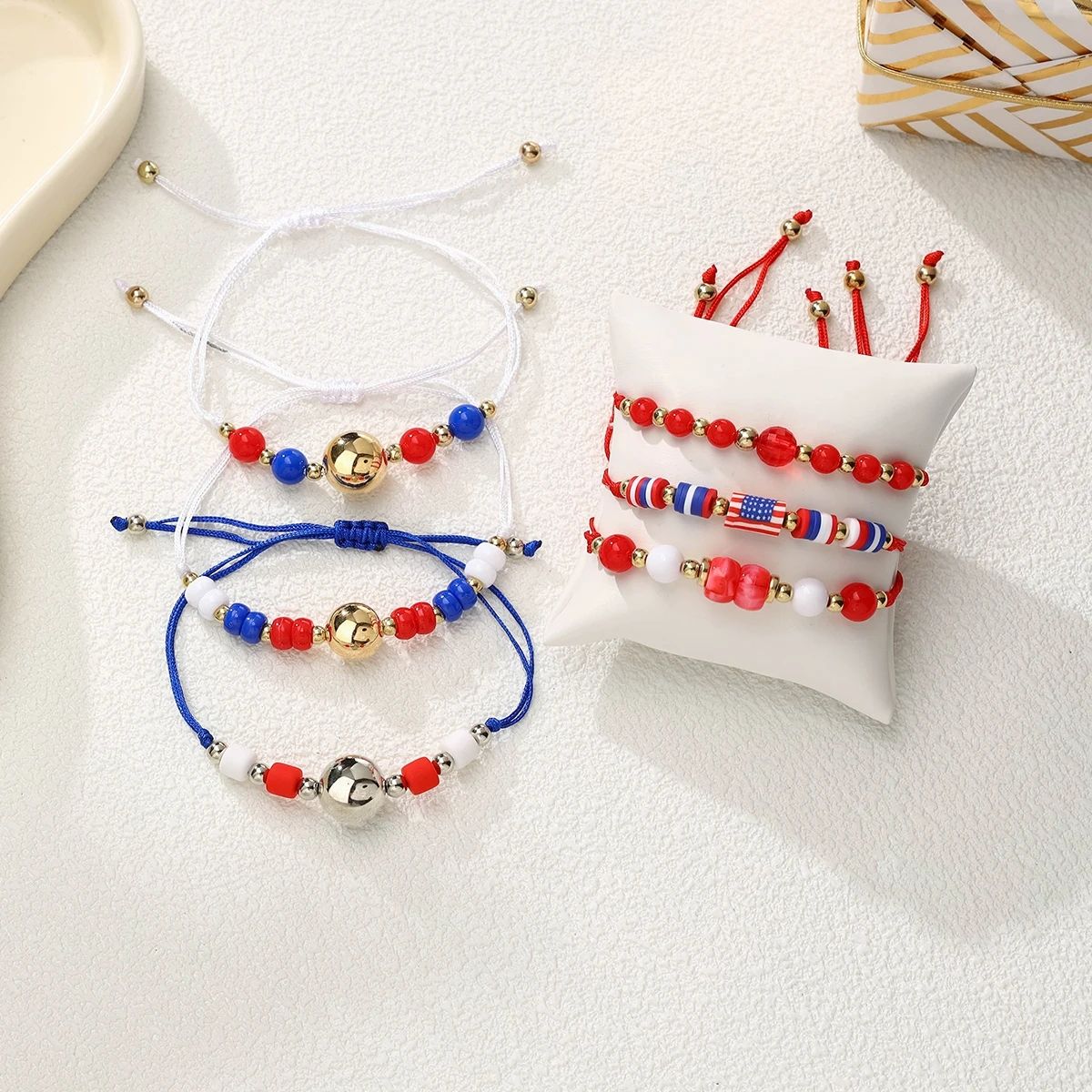 6 Pieces Independence Day Soft Ceramic Zinc Alloy American Flag Handmade Beaded Elastic Adjustable Fashion Bracelet Set