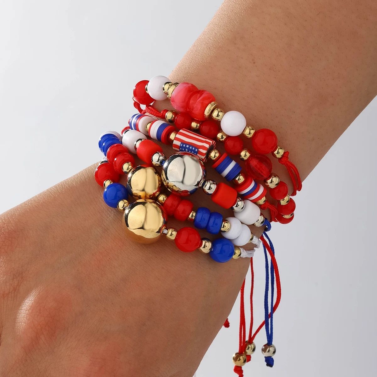 6 Pieces Independence Day Soft Ceramic Zinc Alloy American Flag Handmade Beaded Elastic Adjustable Fashion Bracelet Set