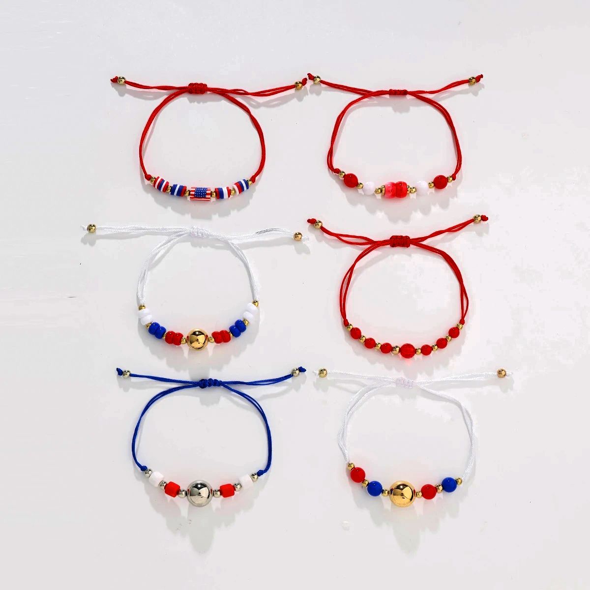 6 Pieces Independence Day Soft Ceramic Zinc Alloy American Flag Handmade Beaded Elastic Adjustable Fashion Bracelet Set