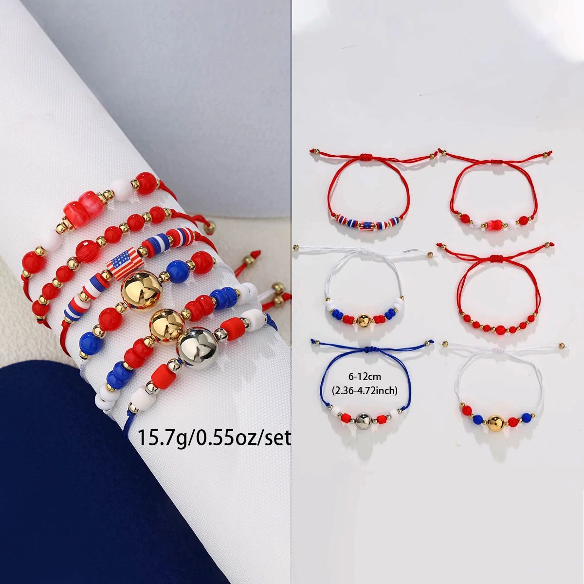 6 Pieces Independence Day Soft Ceramic Zinc Alloy American Flag Handmade Beaded Elastic Adjustable Fashion Bracelet Set