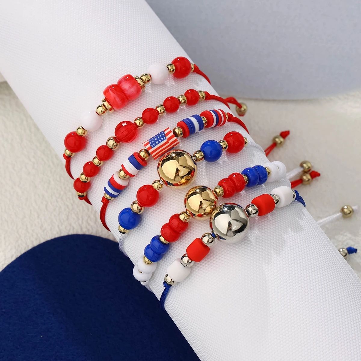 6 Pieces Independence Day Soft Ceramic Zinc Alloy American Flag Handmade Beaded Elastic Adjustable Fashion Bracelet Set