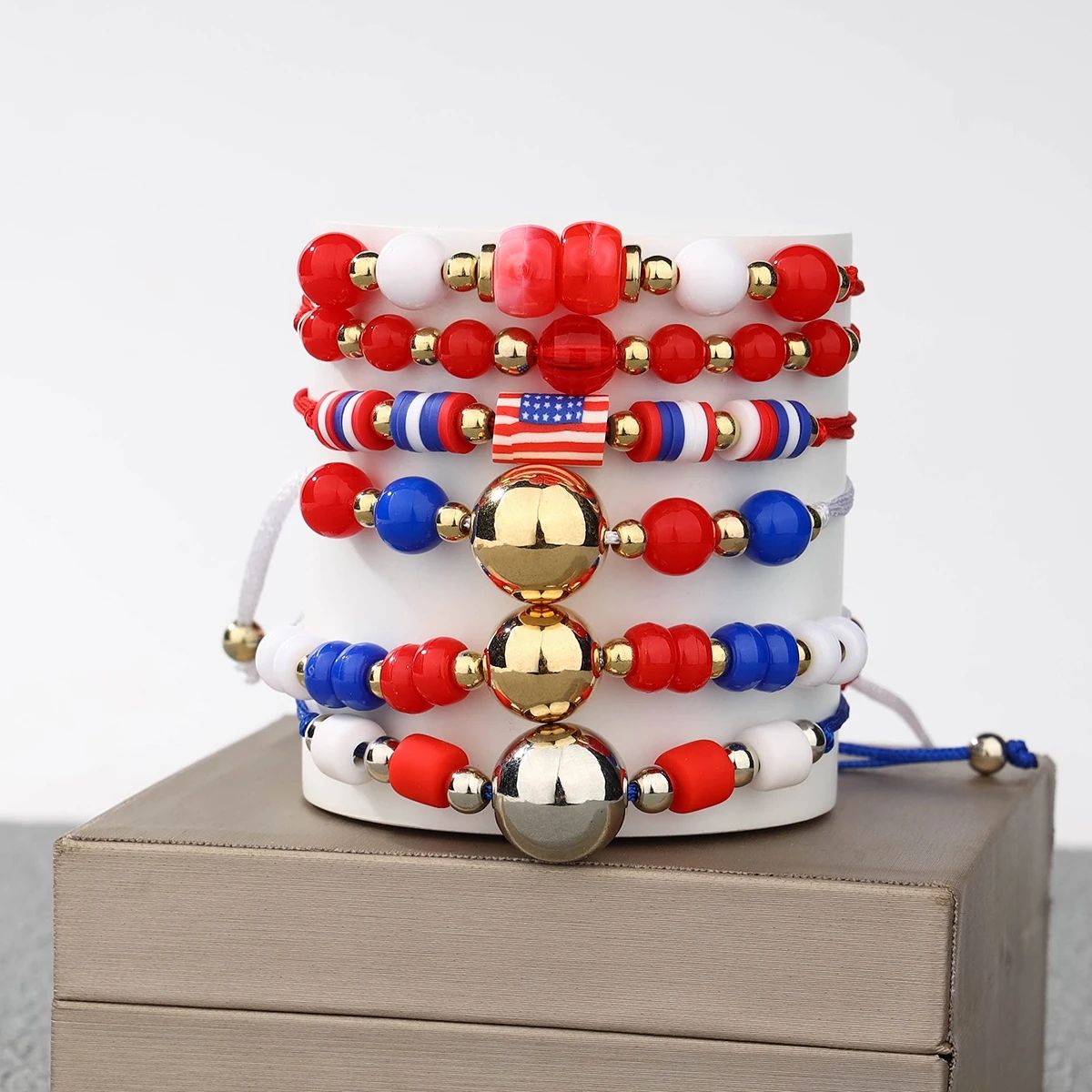 6 Pieces Independence Day Soft Ceramic Zinc Alloy American Flag Handmade Beaded Elastic Adjustable Fashion Bracelet Set