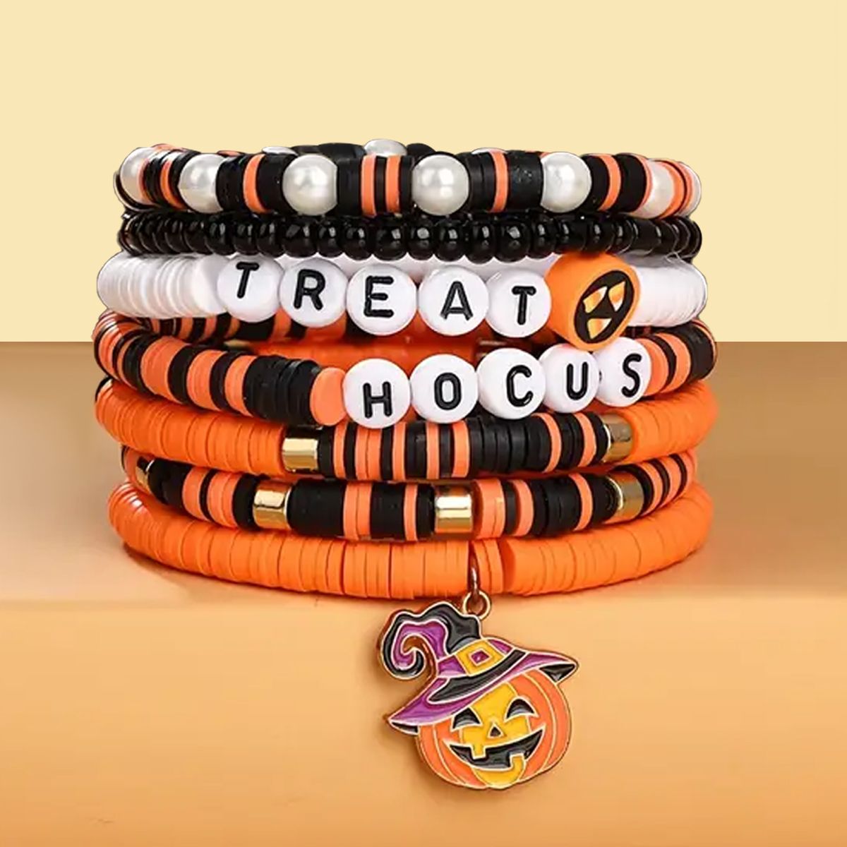 7 Pieces Halloween Soft Ceramic Zinc Alloy Pumpkin Alphabet Handmade Beaded Elastic Adjustable Fashion Bracelet Set