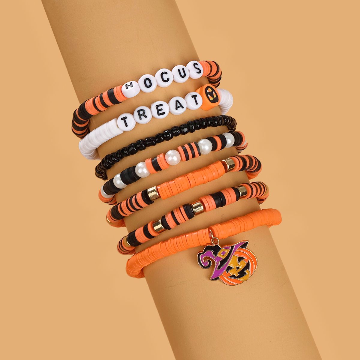 7 Pieces Halloween Soft Ceramic Zinc Alloy Pumpkin Alphabet Handmade Beaded Elastic Adjustable Fashion Bracelet Set