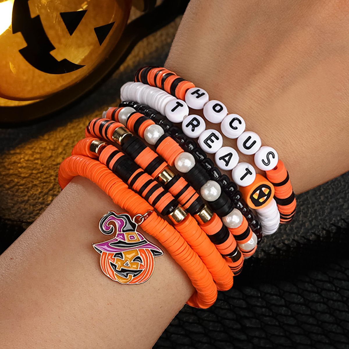 7 Pieces Halloween Soft Ceramic Zinc Alloy Pumpkin Alphabet Handmade Beaded Elastic Adjustable Fashion Bracelet Set