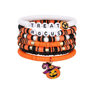 7 Pieces Halloween Soft Ceramic Zinc Alloy Pumpkin Alphabet Handmade Beaded Elastic Adjustable Fashion Bracelet Set