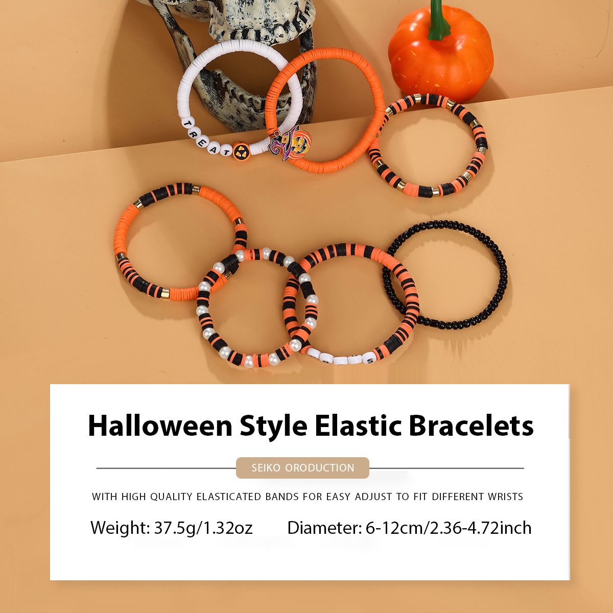 7 Pieces Halloween Soft Ceramic Zinc Alloy Pumpkin Alphabet Handmade Beaded Elastic Adjustable Fashion Bracelet Set