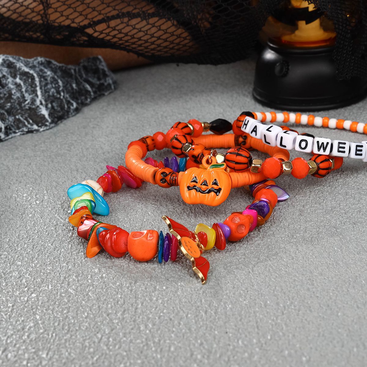 4 Pieces Halloween Soft Ceramic Zinc Alloy Pumpkin Bat Handmade Beaded Elastic Adjustable Fashion Bracelet Set