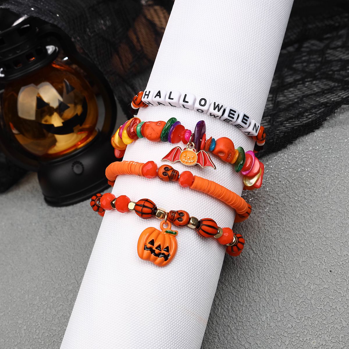 4 Pieces Halloween Soft Ceramic Zinc Alloy Pumpkin Bat Handmade Beaded Elastic Adjustable Fashion Bracelet Set