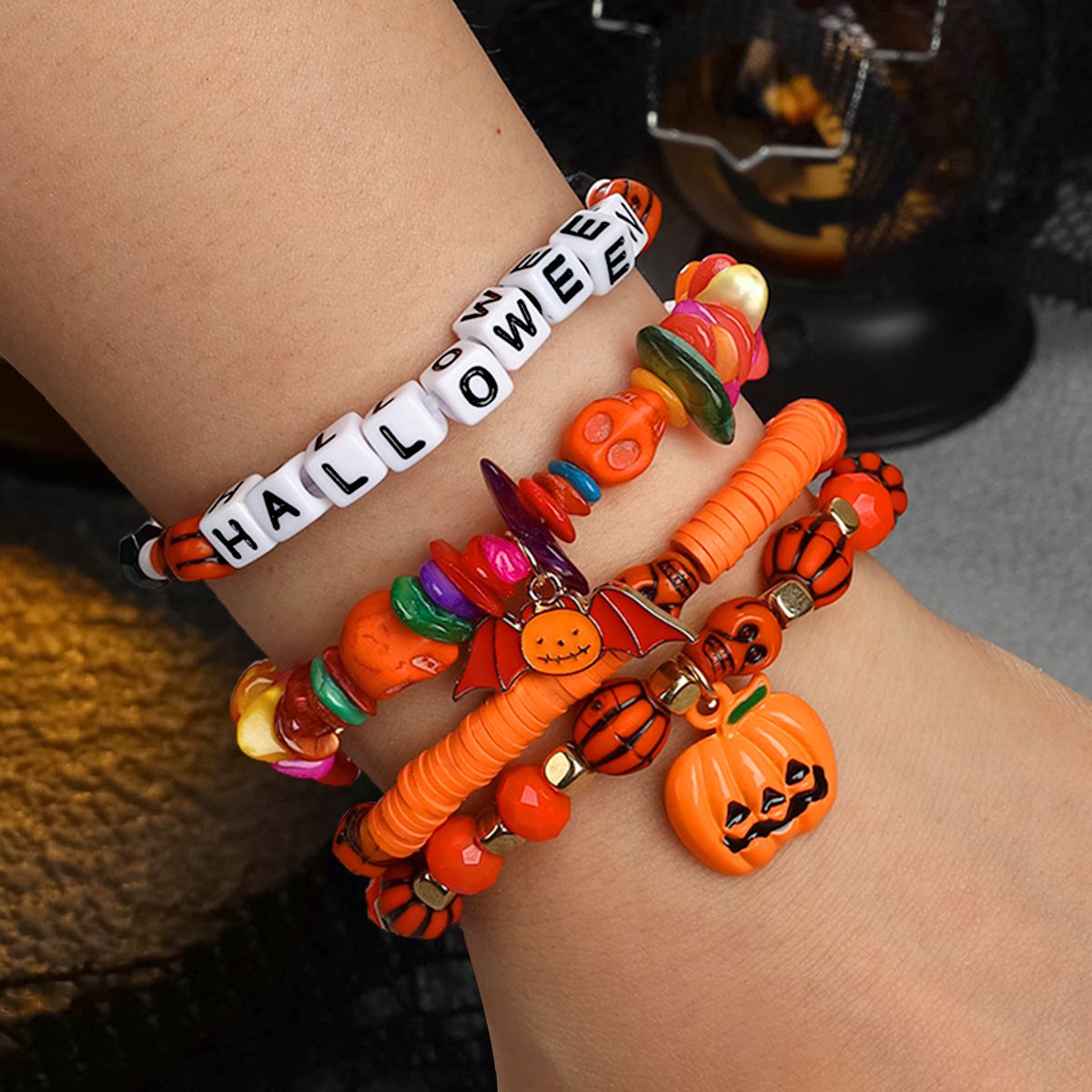 4 Pieces Halloween Soft Ceramic Zinc Alloy Pumpkin Bat Handmade Beaded Elastic Adjustable Fashion Bracelet Set